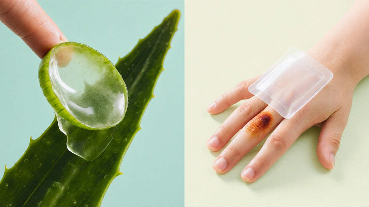 Aloe vera gel se roztírá na popáleninu a přikládá se průhledný hydrogelový obvaz.