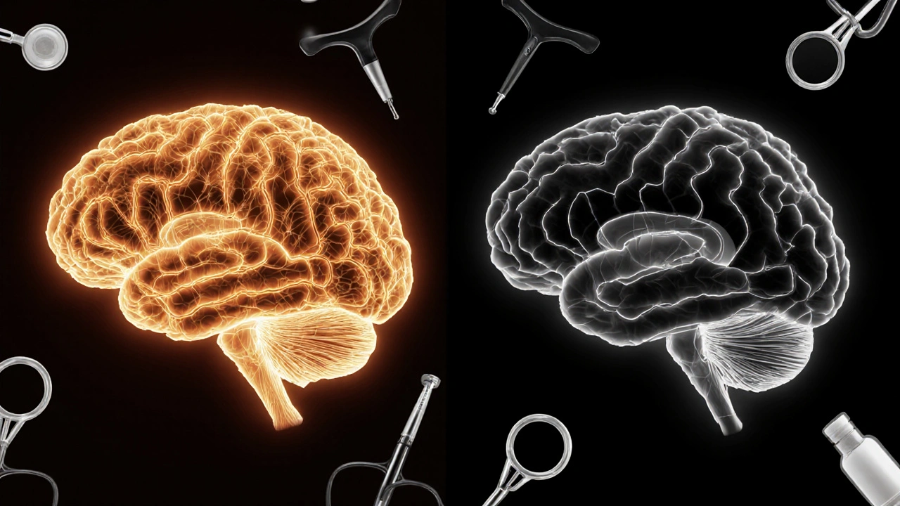 Kontrast mezi zdravým a mrtvým mozkem: živé neuronové spojení versus prázdná temnota.