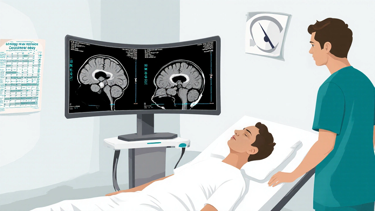 Neurolog kontroluje CT a MRI snímky mozku u ležícího pacienta, vedle grafu Glasgow.