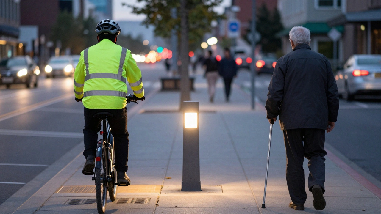 Cyklista s přilbou a chodec s odrazivými prvky v městě ve večerním světle, bezpečný prostředí.