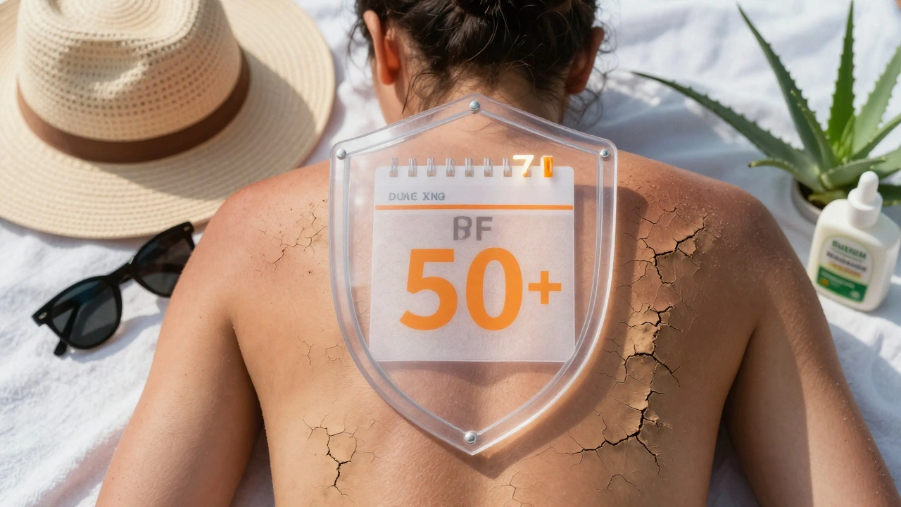 Opálená kůže s ochrannými prvky jako krém SPF, čepice a bavlněné oblečení.