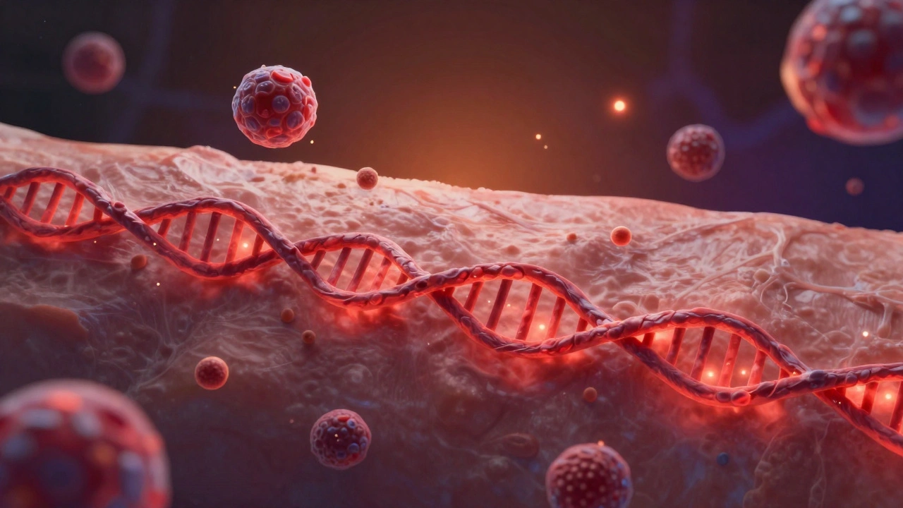 Pod povrchem kůže viditelné poškození DNA a imunitní buňky po slunečním vystavení.