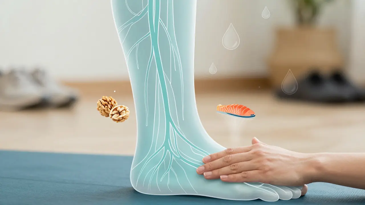 Průhledný náčrt lymfatického systému s prouděním tekutiny směrem ke srdci, lehká masáž a potraviny bohaté na omega-3.