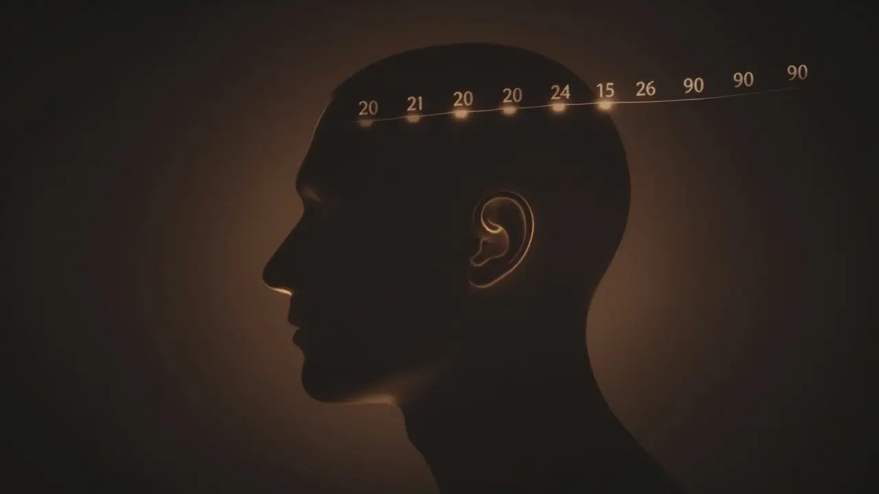 Silueta hlavy s čárami ukazujícími postupné prodlužování uší a nosu od 20 do 90 let.