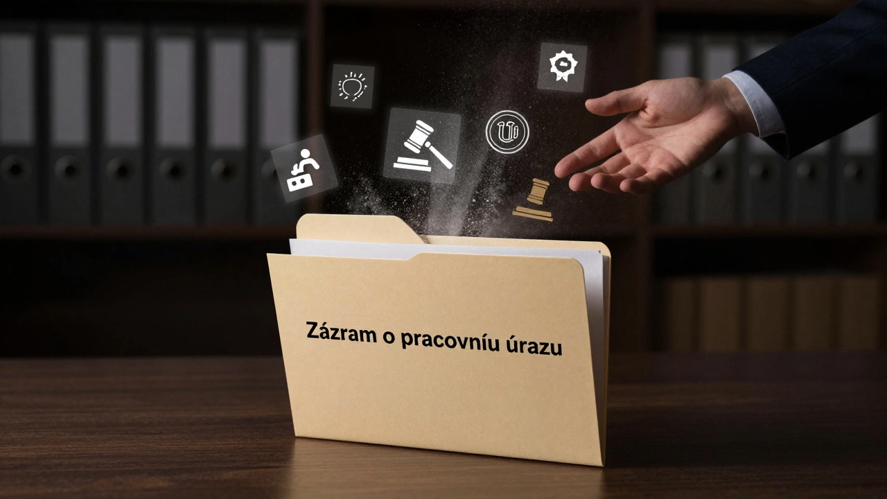 Soubor s záznamem o úrazu, z nějž vyrůstá desetiletý časový průběh s symboly práva a zdravotní péče.