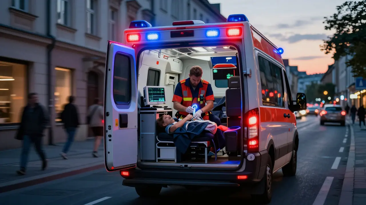Záchranná sanitka jede rychle městem v šede, paramedik pomáhá pacientovi s příznaky mrtvice.