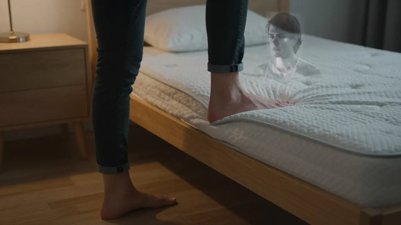 Člověk v přechodu mezi odpočinkem a bdělostí, viditelný kontrast starého a nového sebe.