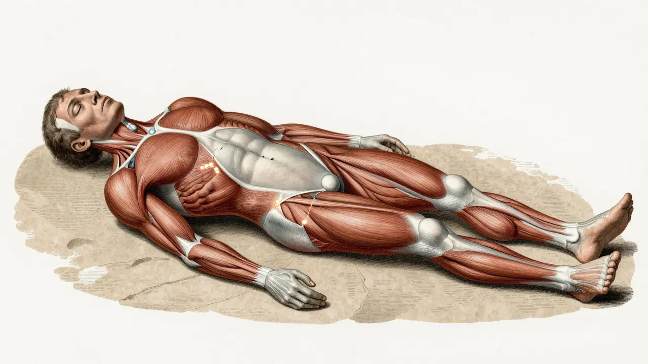 Anatomický nákres těla po úmrtí s ukázkou ztuhlosti a rozkladu.