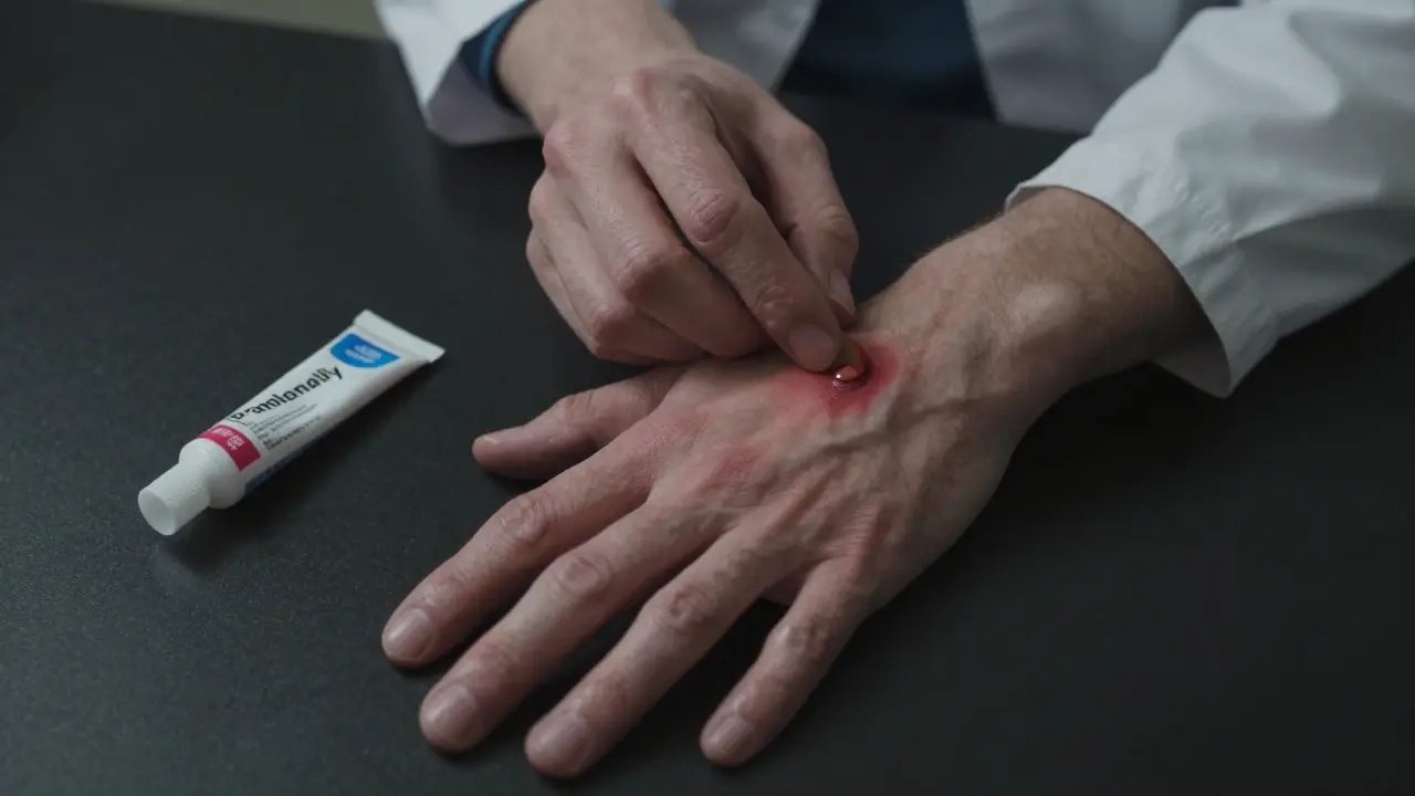 Závažná popálenina s puchýři vyžadující lékařskou pomoc.