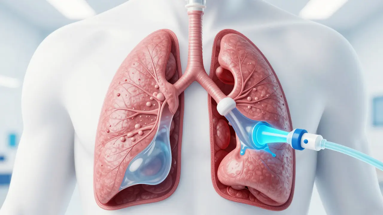 Konceptuální 3D model plicních sklípků plných tekutiny při CPAP terapii.