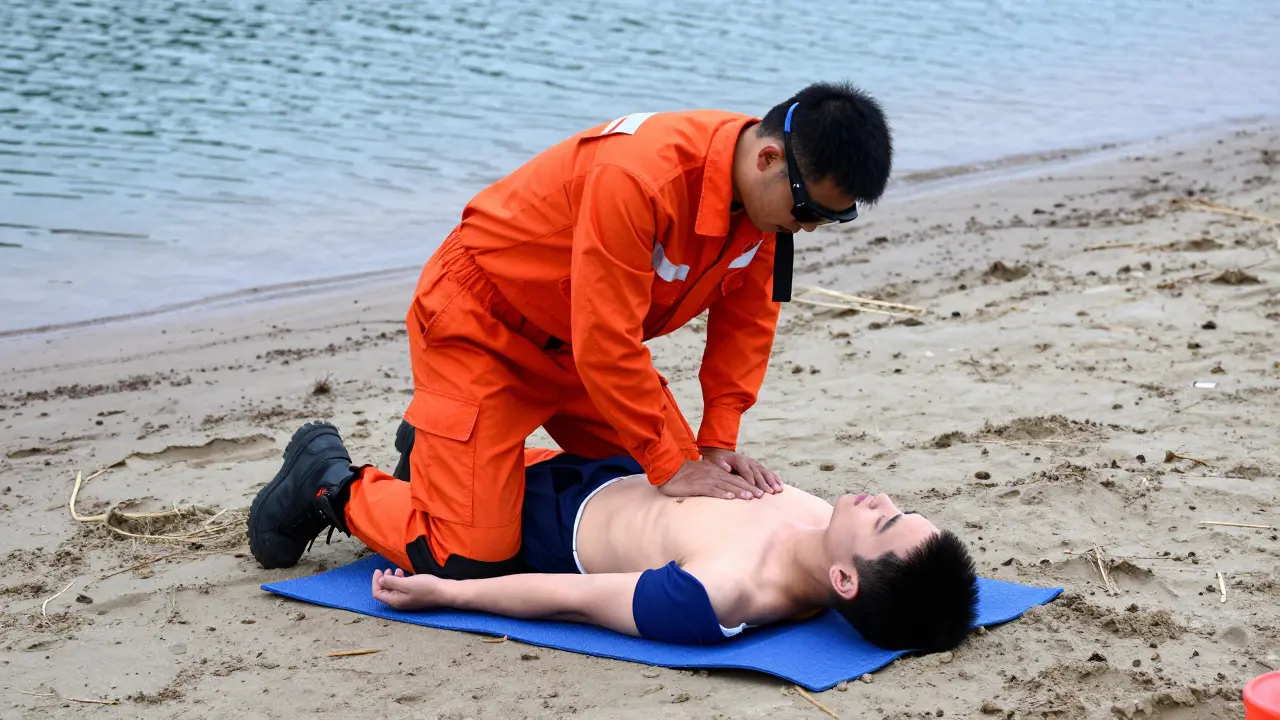 Záchranář provádí KPR uy unconscious osoby na břehu řeky.