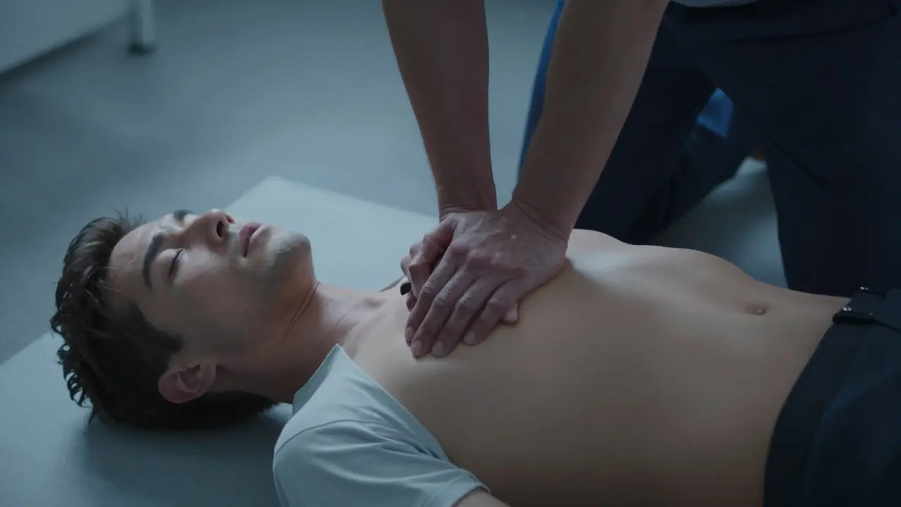 Záchranář provádí resuscitaci na zemi ležící oběti.