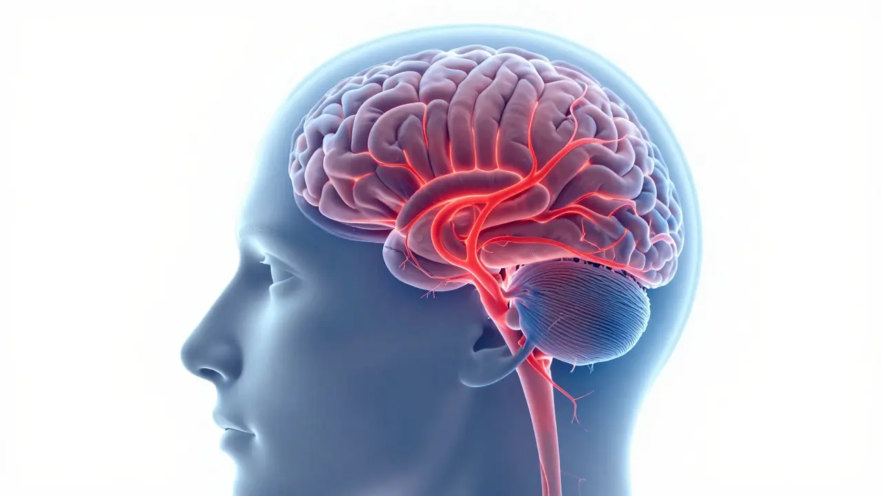 Ilustrace mozku ukazující neurologické dopady otřesu mozku
