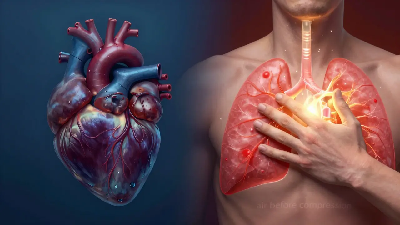 Konceptuální ilustrace rozdílu mezi hypoxií při tonutí a srdeční zástavou s důrazem na kyslík.