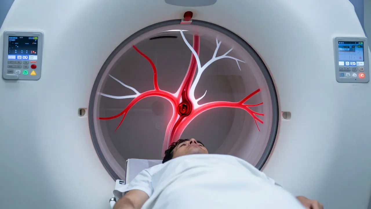 Pohled do CT skeneru při diagnostice krvácení do mozku