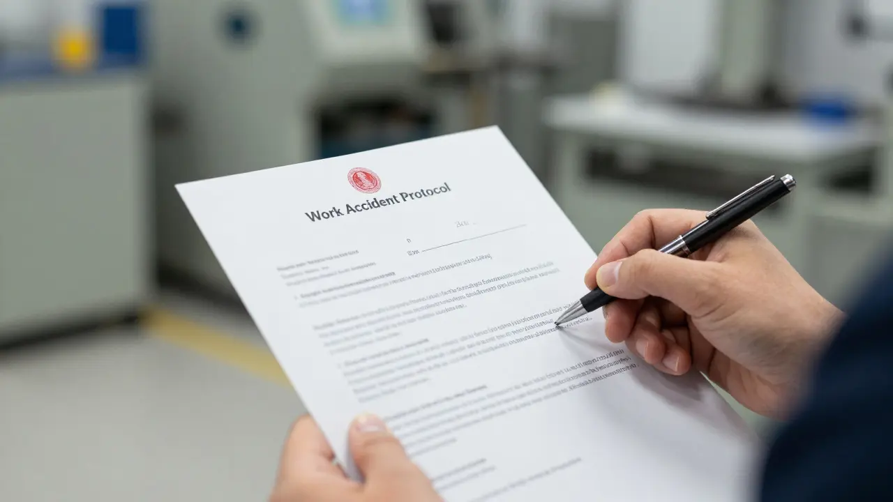 Ruce držící protokol o pracovním úrazu v továrně