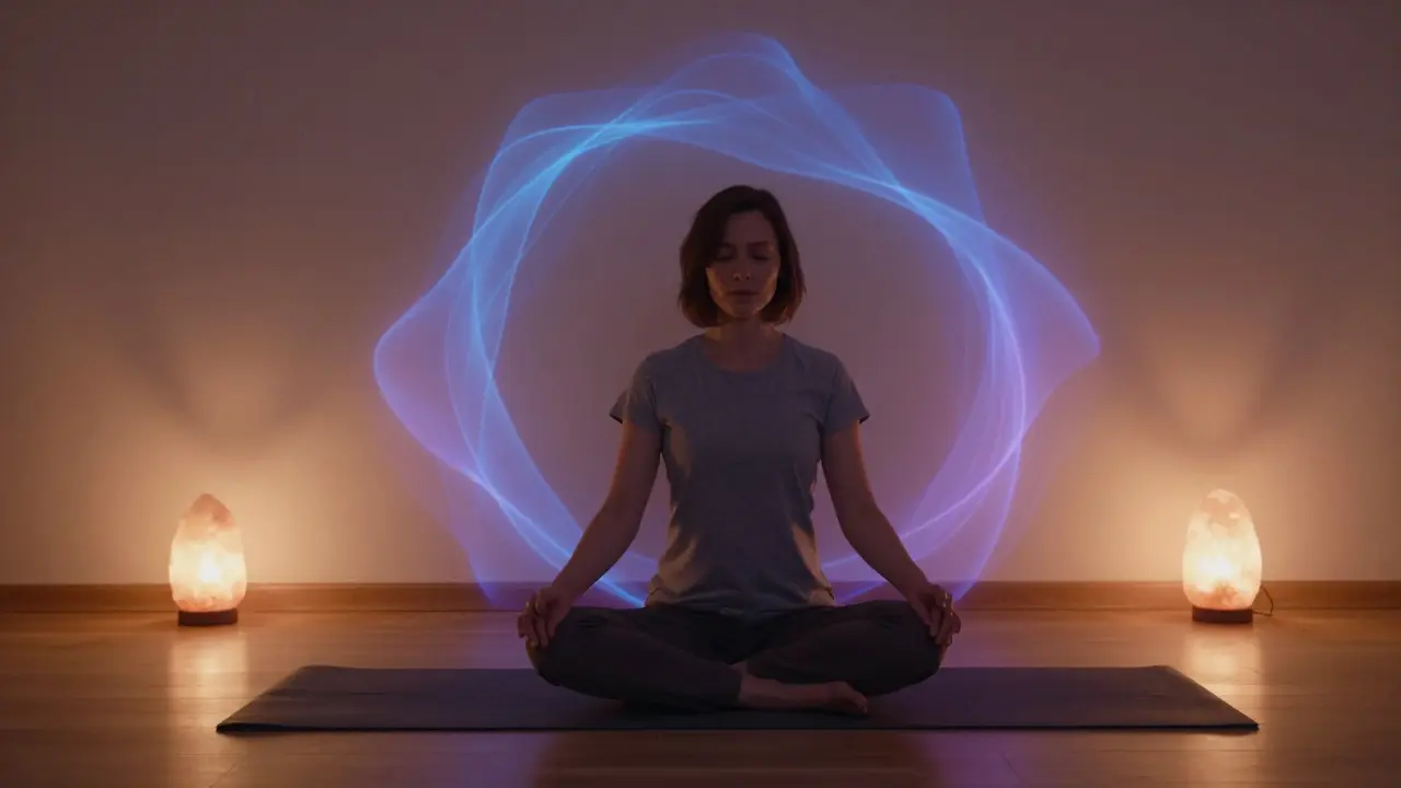 Osoba v meditaci s abstraktním zobrazením klidu