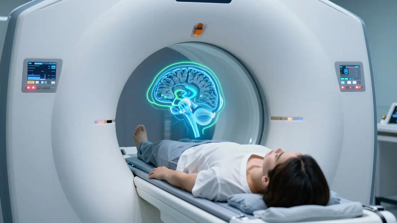 Pacient v MRI přístroji s vizualizací skenu mozku