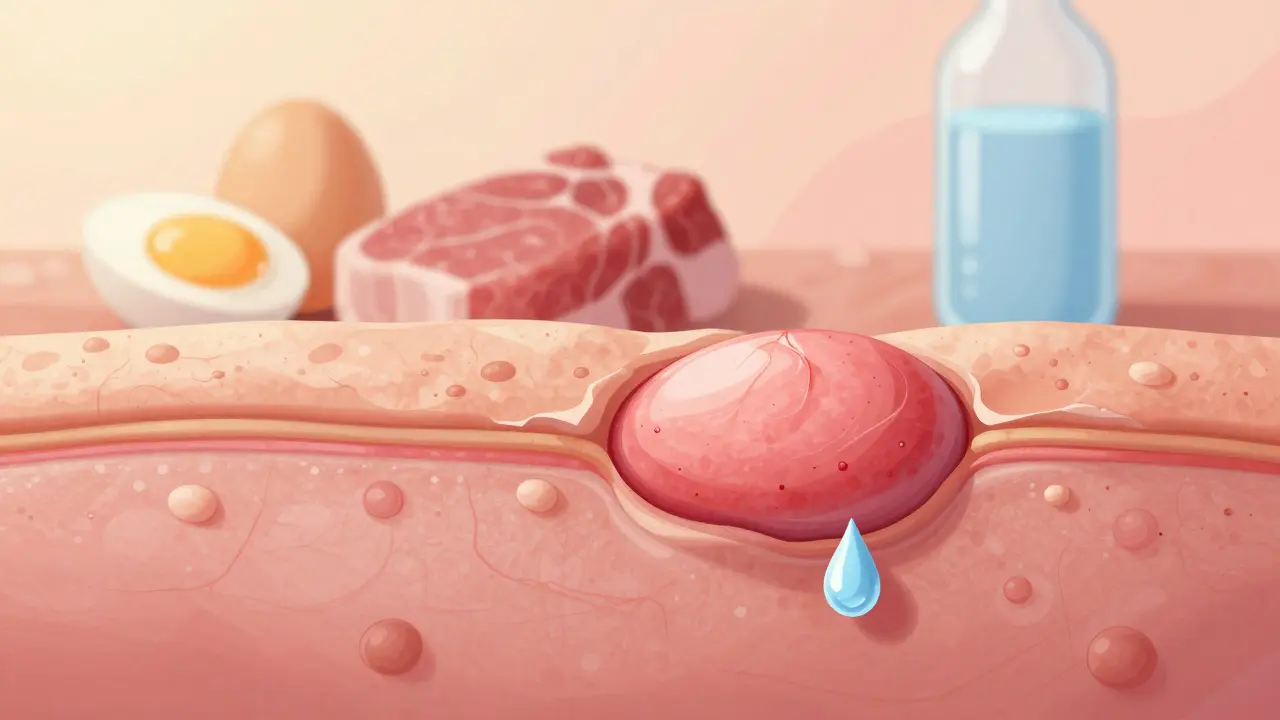 Umělecká vizualizace hojení kůže s důrazem na regeneraci a hydrataci.